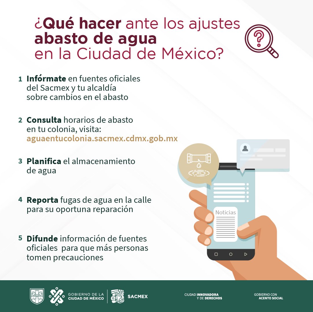 SEGIAGUA's tweet photo. Si tu colonia no presenta afectaciones, contribuye a que más personas tengan acceso al #agua mejorando tus #hábitos de consumo.  🫴💧

🚿 Consulta y comparte las recomendaciones del #SACMEX para ahorrar y utilizar mejor el agua potable https://t.co/3NNmFZZzNi

#Cutzamala #CDMX https://t.co/uhXmlI5PUr