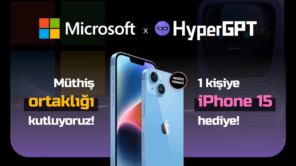 HyperGPT, Microsoft ile yaptığı ortaklık şerefine 1 kişiye Iphone 15 hediye ediyor. 1 - Bu paylaşımı RT yap. 2 - @hypergpt hesabını takip et. 3- Telegram grubuna katıl. t.me/HyperGPTTurkish Sonuçları 11 Şubat akşamı açıklarım.