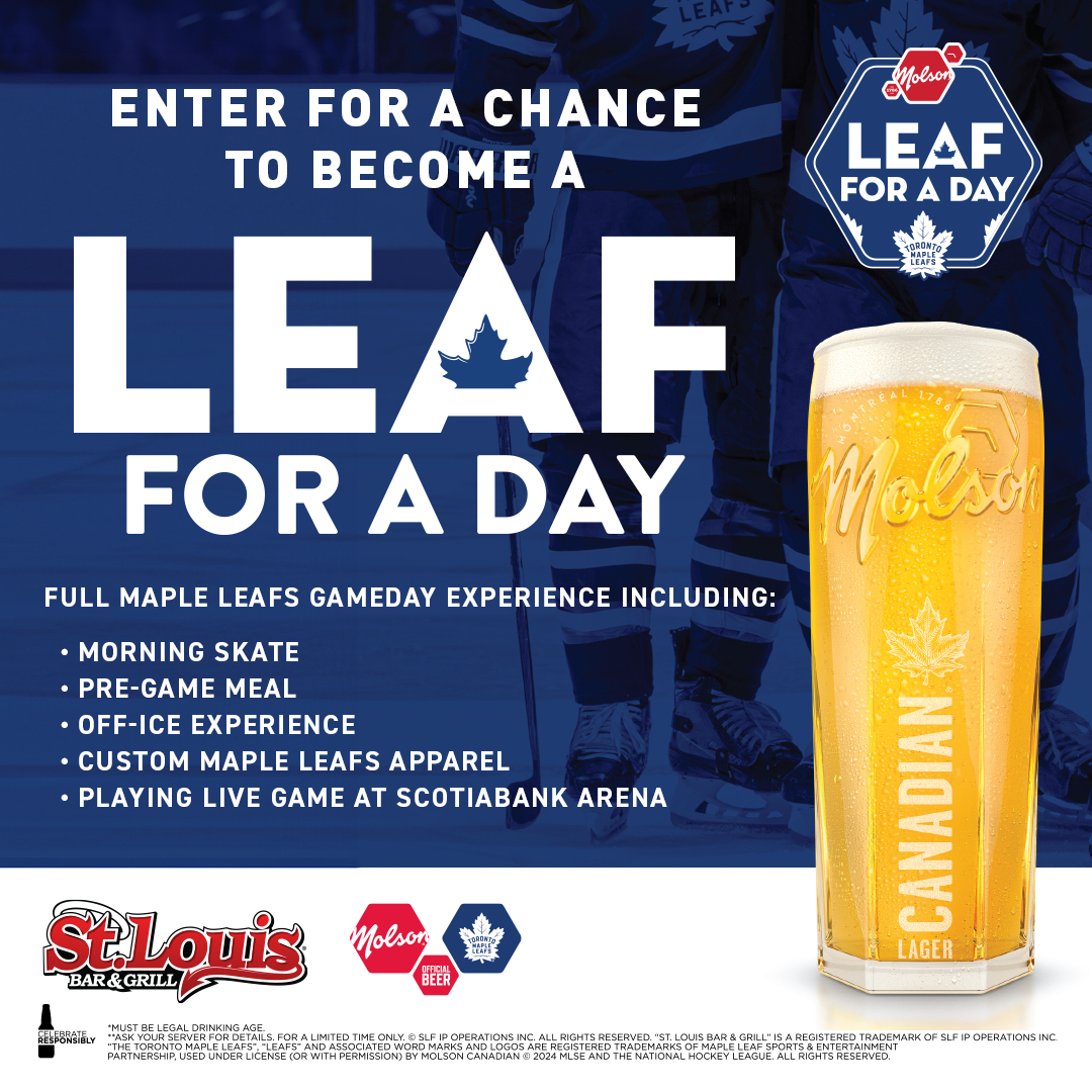 🍁 Leaf for a day Contest 

Enter for a chance to become a Leaf for a Day at Scotiabank arena.

How to Enter:
1️⃣ Follow <a href="/stlouiswings/">St. Louis Bar & Grill</a> &amp; <a href="/Molson_Canadian/">Molson Canadian</a> 
2️⃣ Retweet this post
3️⃣ Tag the biggest hockey fan you know

*Full contest rules: stlouiswings.com/rules/leaf-for…