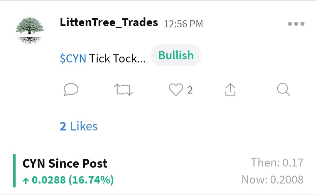 LittenTreeTrade's tweet image. $CYN Over 16% in a couple of hours! Hope you all took note 🤑💰 #Bullish #BullishAF #TradingWisdom