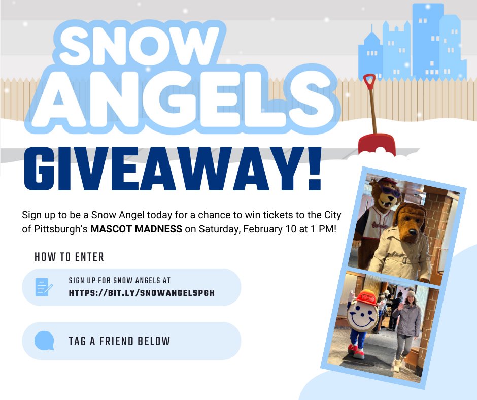 Been thinking about signing up to be a Snow Angel? Well, there's never a better time than the present! Sign up today for a chance to win tickets to THIS SATURDAY's Mascot Madness at the Schenley Park Skating Rink.

Learn more and volunteer today at bit.ly/SnowAngelsPGH