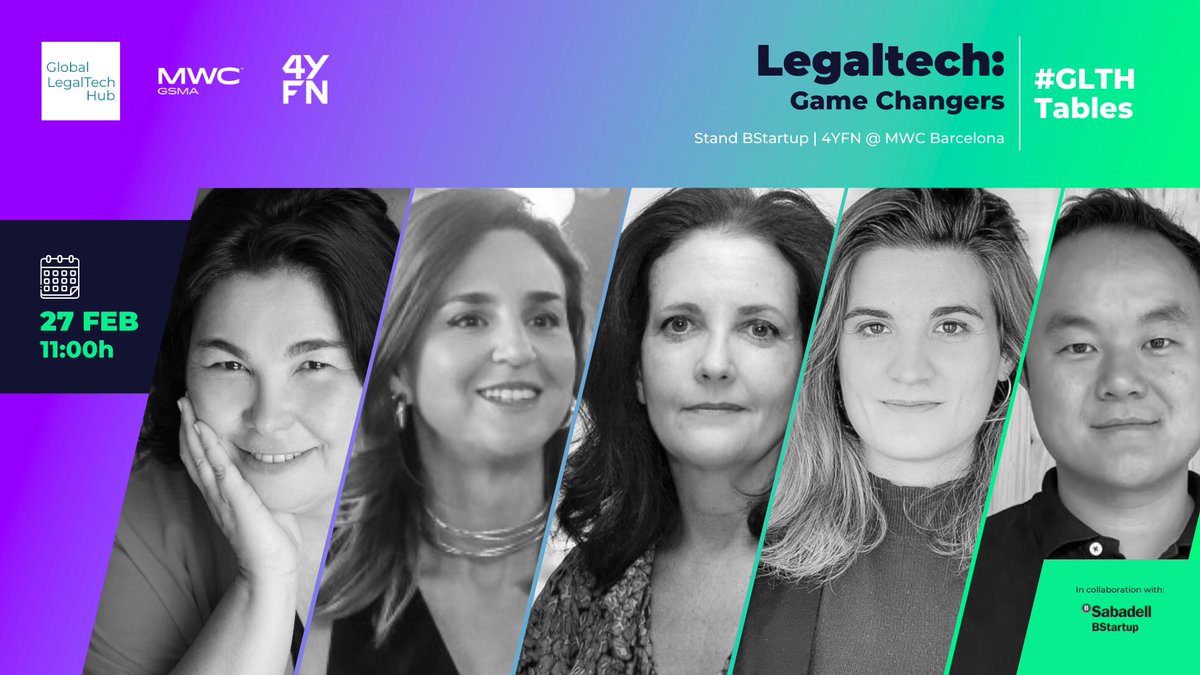 Are you coming to @MWCHub this year? 🙌 Want to join us at the @4YFN_MWC Space next February 27th? You can't miss 'Legaltech: Game Changers' session! Click here and register now!🔗 linkedin.com/events/legalte… See you there! 🚀 #MWC24 #4YFN24 #legaltech #GlobalLegaltechHub