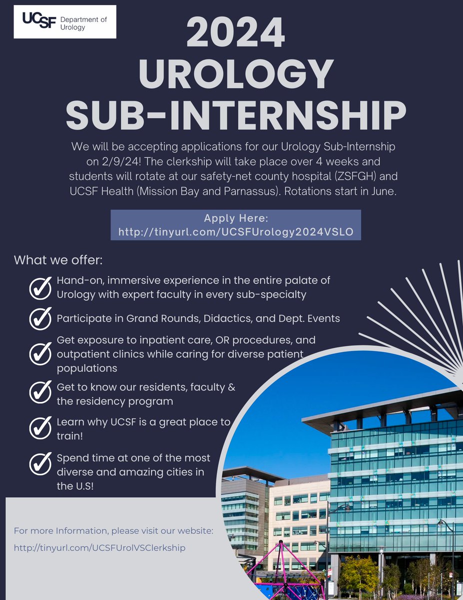 It’s officially Sub-I Season! 🎉 🥳 Apply for our 2024 Visiting Students Clerkship when our VSLO portal opens for applications on 2/9/24. #urologyunbound #sau #aua #urology