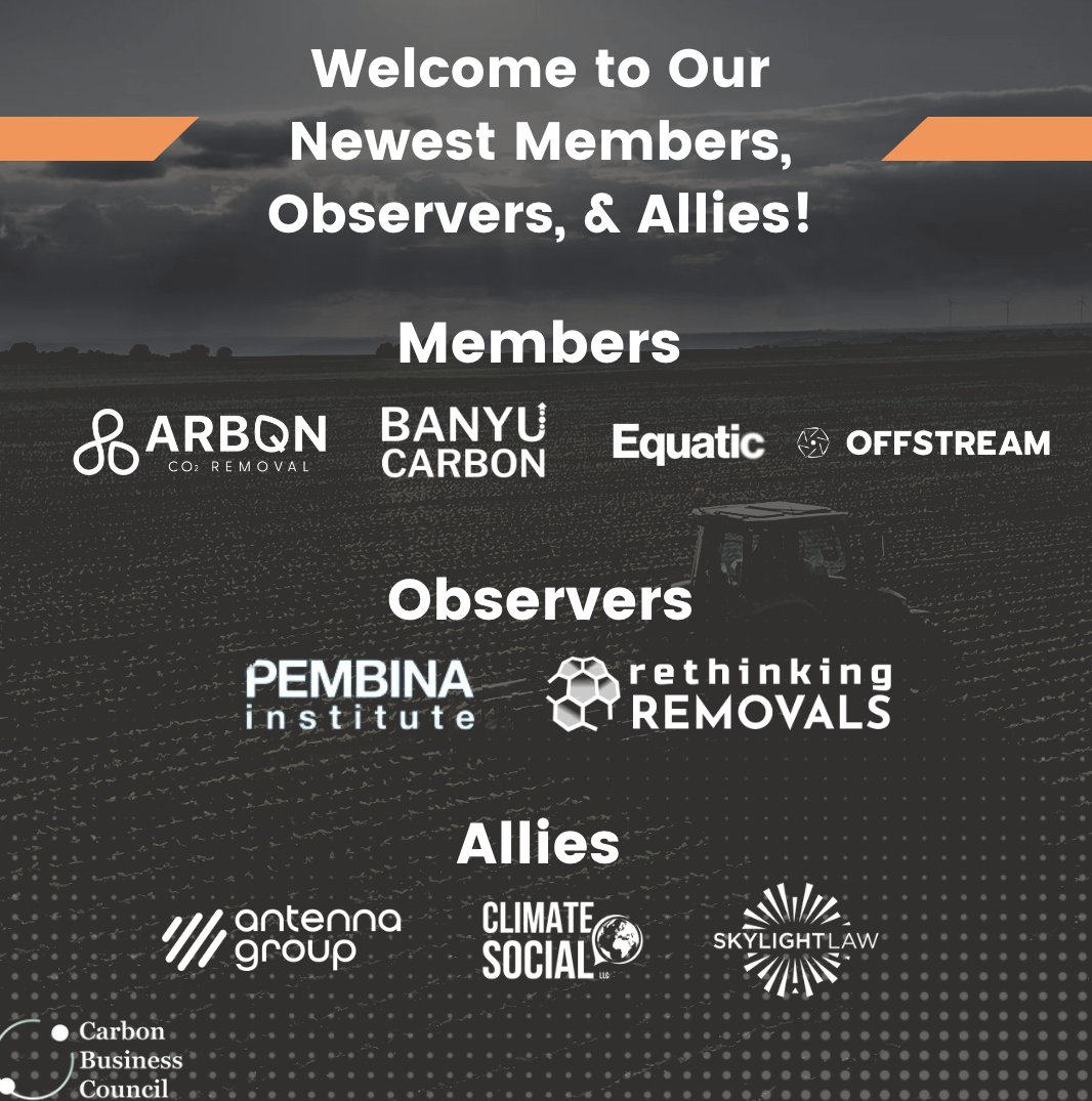 The Carbon Business Council is delighted to introduce our newest members: @ArbonCapture, <a href="/BanyuCarbon/">BanyuCarbon</a>, <a href="/equatic_tech/">Equatic.tech</a>, and <a href="/OffstreamIO/">Offstream</a>. We're also excited to announce our new observers: <a href="/Pembina/">Pembina Institute</a> and <a href="/RethinkRemovals/">Rethinking Removals</a> and allies: <a href="/Antenna_group/">Antenna Group</a>, Climate Social, and <a href="/SkylightLaw/">Skylight Law</a>.