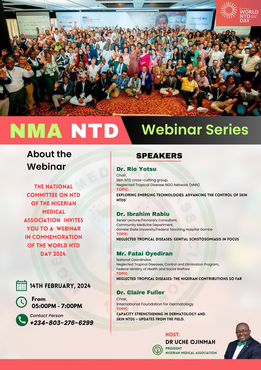 UNITING through ACTions to ELIMINATE NTDs.

Webinar series by the Nigerian Medical Association for all stakeholders to beat NTD in Nigeria

@WHO 
@WHONigeria 
@WHOAFRO 
@ILDSDerm 
@elimin8schisto 
@ifetula 
@NTD_NGOs 
@NTDnigeria 
@muhammadpate 
@DrTunjiAlausa 
@AnyaikeChukwuma