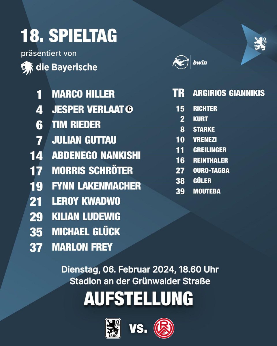 TSV1860's tweet photo. So starten die Löwen gegen Rot-Weiß Essen. 🦁

Joël #Zwarts und Moritz #Bangerter fehlen verletzungsbedingt. Gute Besserung! 🍀

Die Aufstellung wird präsentiert von @dieBayerische 

#M60RWE #tsv1860 #ELIL #GemeinsamFürSechzig #EinTeamEinWeg https://t.co/uWKrwSMPr3