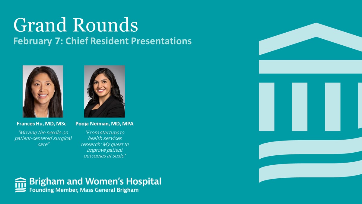 Brigham and Womenâs Department of Surgery (@brighamsurgery) on Twitter photo <a href="/BrighamSurgery/">Brigham and Womenâs Department of Surgery</a> general surgery chief residents <a href="/PoojaNeiman/">Pooja U Neiman, MD MPA</a> and Frances Hu will be presenting chief resident presentations tomorrow Feb. 7. We look forward to their lectures! <a href="/BrighamSurgery/">Brigham and Womenâs Department of Surgery</a> general surgery chief residents <a href="/PoojaNeiman/">Pooja U Neiman, MD MPA</a> and Frances Hu will be presenting chief resident presentations tomorrow Feb. 7. We look forward to their lectures!