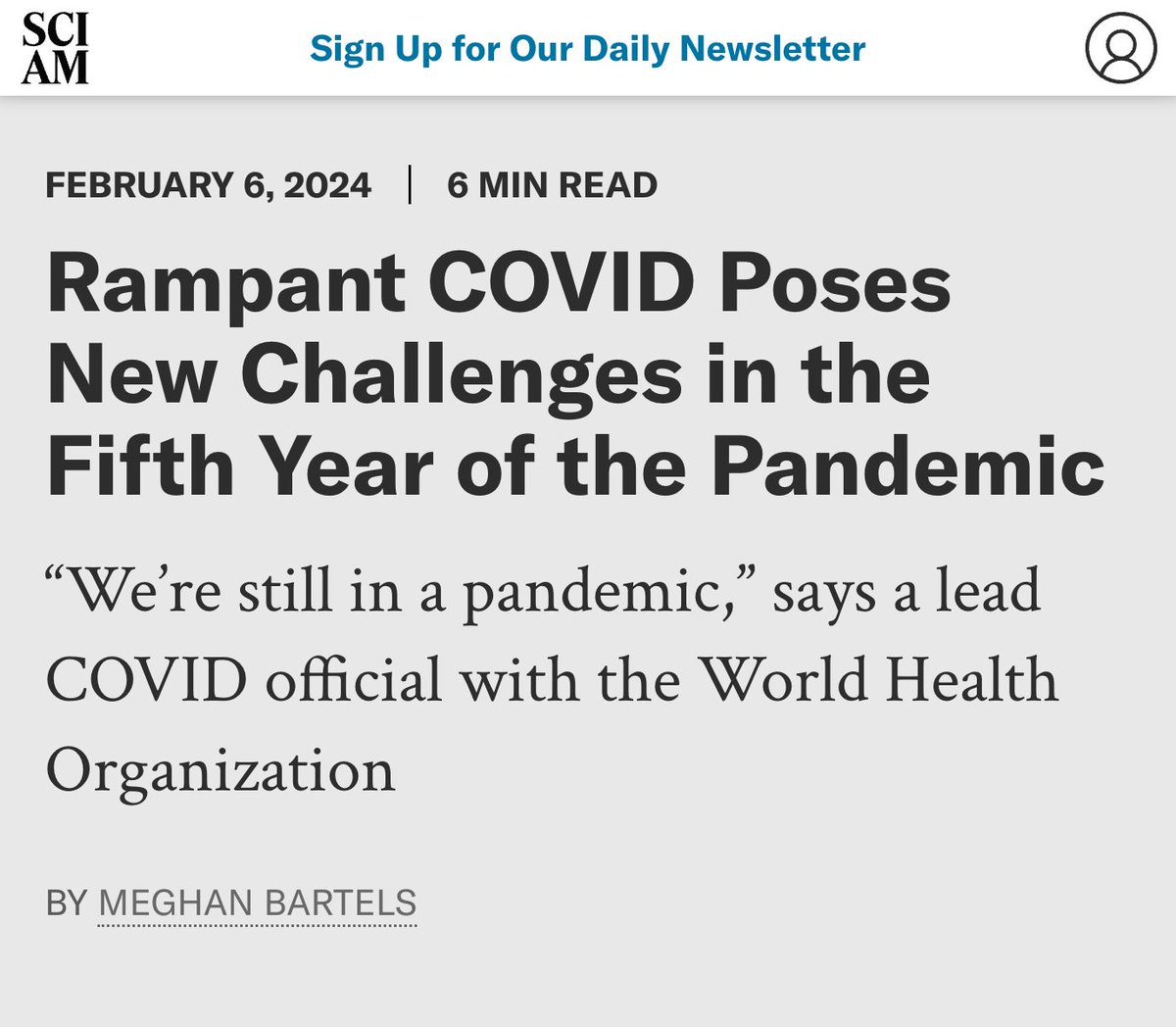 "The virus is rampant. We’re still in a pandemic. There’s a lot of complacency at the individual level, and more concerning to me is that at the government level" <a href="/mvankerkhove/">Maria Van Kerkhove</a>, WHO COVID response leader

New piece in Scientific American by <a href="/meghanbartels/">Meghan Bartels</a>: scientificamerican.com/article/rampan…