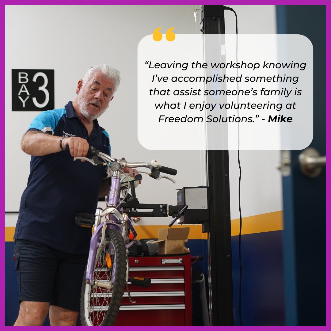 Meet Mike - our #FreedomWheels Bike Build #volunteer  in our #Northmead office 🚴‍♀️🔧 He has a son with #cerebralpalsy which helps him understand our clients needs even better! Join us to celebrate all the wonderful work our volunteers do for #peopleWithDisabilities 🎉 #PWD