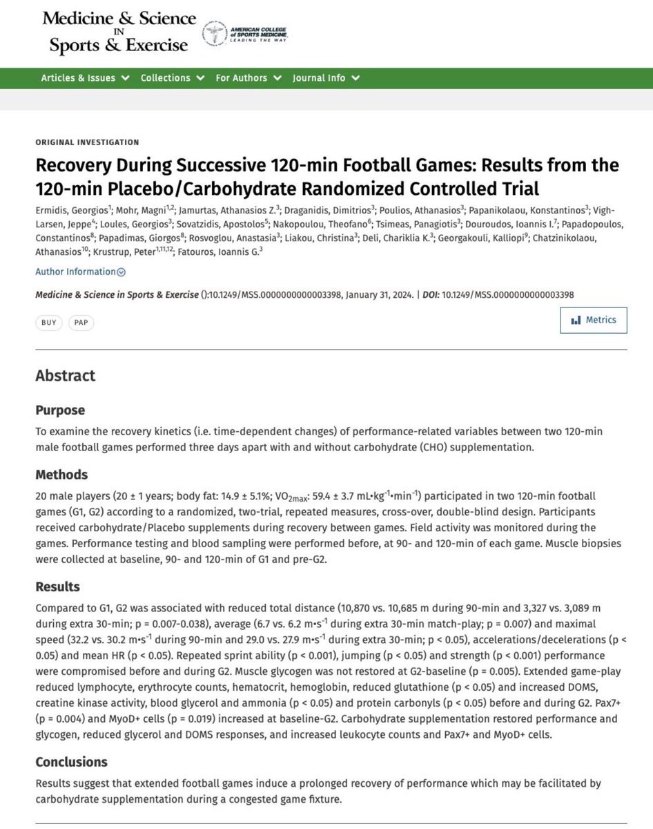 New article out: Ermidis G, Mohr M, Jamurtas AZ, Draganidis D, Poulios A, ….., Krustrup P, Fatouros IG. Recovery During Successive 120-min Football Games: Results from the 120-min Placebo/Carbohydrate RCT. Med Sci Sports Exerc. 2024 Jan 31. journals.lww.com/acsm-msse/abst… @MSSEonline