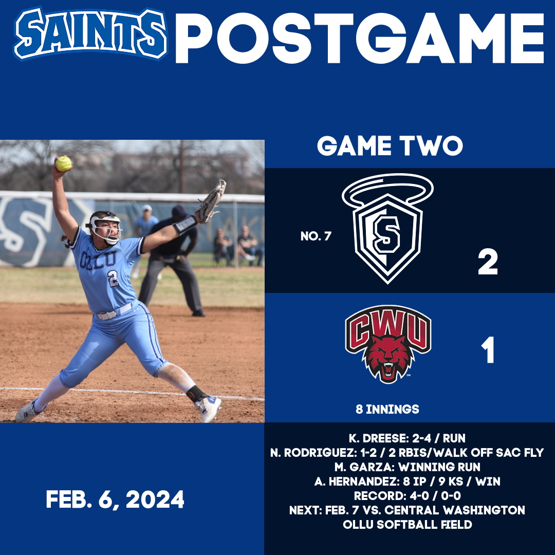 #SaintsPostGame: #OLLUSoftball wins the second game against Central Washington with a walk-of sac fly from Grace Rodriguez that scored Madison Garza. Last game of the series is at 10:30 a.m. on Wednesday. #WingsUpSaints