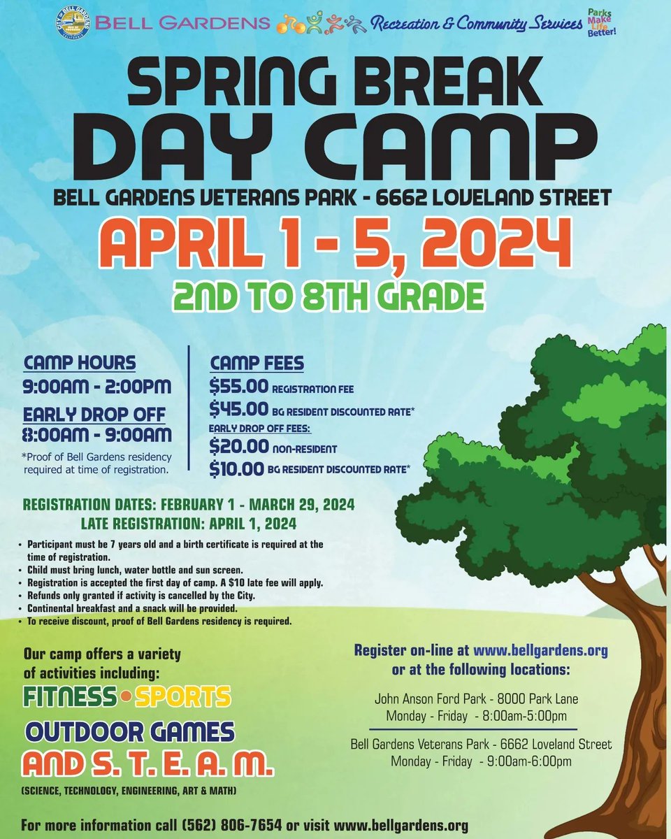 bellgardenscity's tweet photo. SPRING BREAK DAY CAMP: April 1 - 5, 2024
Bell Gardens Veterans Park - 6662 Loveland St
2nd to 8th Grade
Camp Hours: 9AM - 2PM
Early Drop Off: 8AM - 9AM
Registration Dates: February 1 - March 29
Late Registration: April 1
@bgrecreation
#BellGardens #BG #CityOfBellGardens #BGRec https://t.co/pYp8p4Aq1R