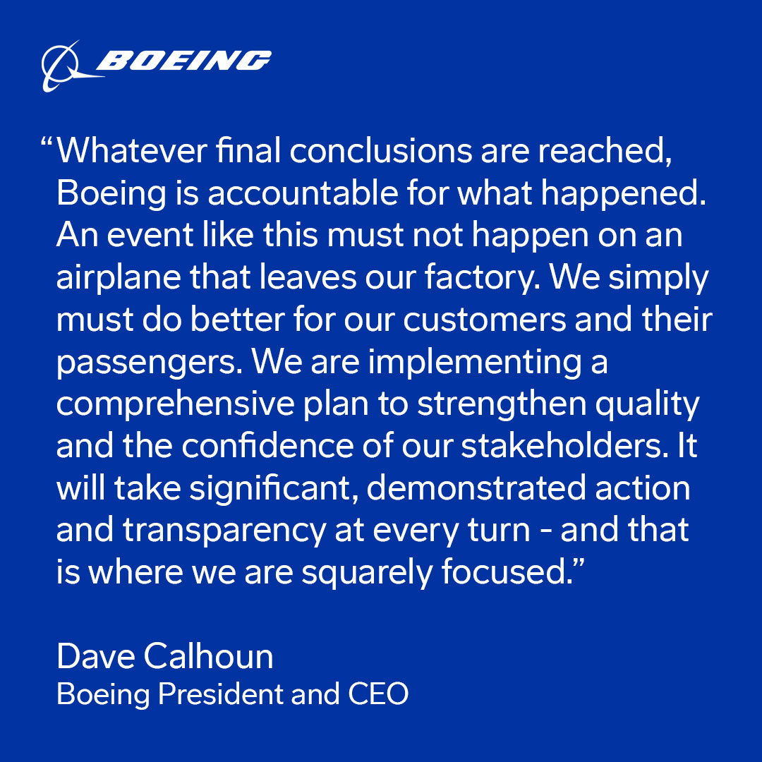 We appreciate the <a href="/NTSB/">NTSB</a>’s work on the preliminary report into #AS1282 and will review their findings expeditiously. And we will continue to cooperate fully and transparently with the NTSB and the FAA investigations.

More: boeing.com/737-9-updates#…