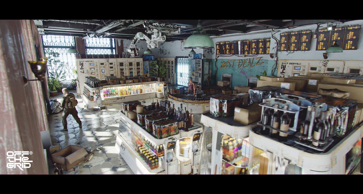 playoffthegrid's tweet photo. As you take a short rest from the swarm of bullets flying above your head, why not indulge in some shopping! Check out these new conceptual artworks created by our dev team, showcasing what a store interior will look like in Little Kyiv.  

#BattleRoyale #UnrealEngine5 #OfftheGrid #PC #PS5 #Xbox