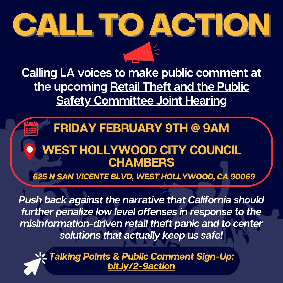 📣📣Join us for the upcoming Retail Theft &amp; the Public Safety Committee joint hearing THIS Friday in West Hollywood! Talking points + written/public comment sign-up here📲bit.ly/2-9action
🗓Friday, February 9th
⏰9am-12pm
📍West Hollywood City Council Chambers