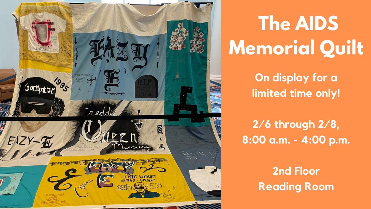 RiceLib's tweet photo. For a limited time only, part of the AIDS Memorial Quilt will be at Rice Library. The two panels displayed also memorialize Hoosiers, including Ryan White.
Learn more below! ⬇️
AIDS Memorial Quilt: https://t.co/PaqJ36uWAD
Ryan White: https://t.co/NgISAJBYn0
#usi #ricelibrary https://t.co/3oQ1Css9oG