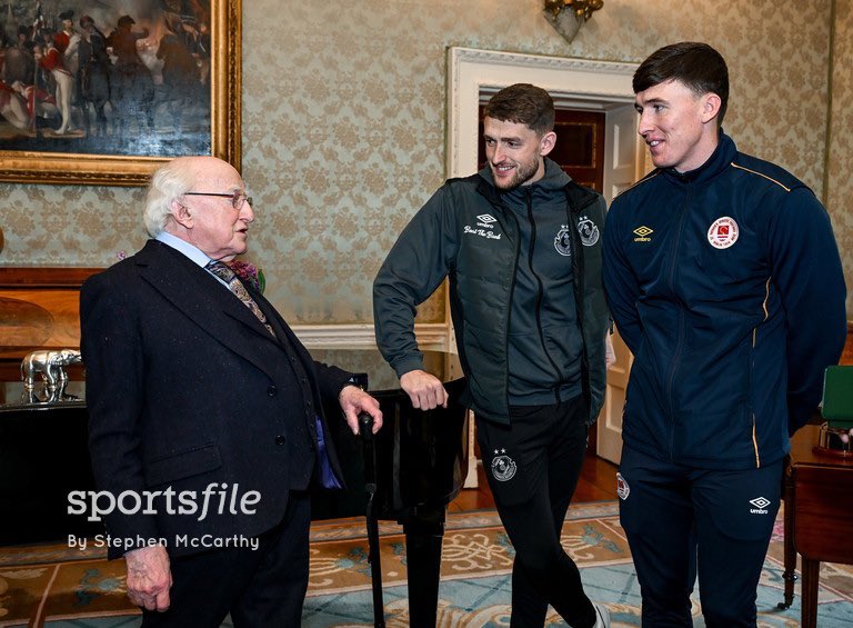 The President of Ireland Michael D Higgins received FAI President's Cup representatives Lee Grace of Shamrock Rovers and Joe Redmond of St Patrick's Athletic at Áras an Uachtaráin today ahead of their clash this Friday. 📸 @SportsfileSteve sportsfile.com/more-images/11…