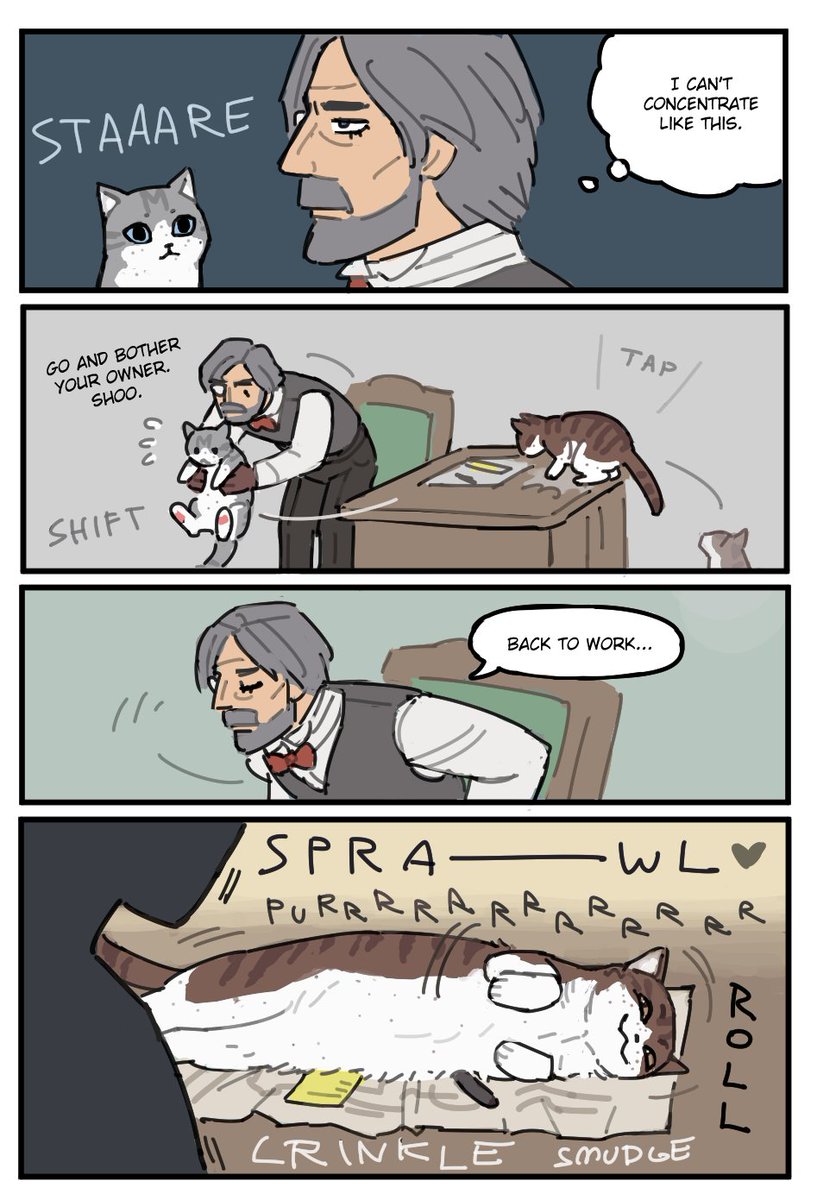 I've called them house cats before so I thought it would be cute to draw it literally but Geppetto strikes me as being extremely Dog Person aligned so I had to cobble together a specific setup first 🤦‍♀️ 