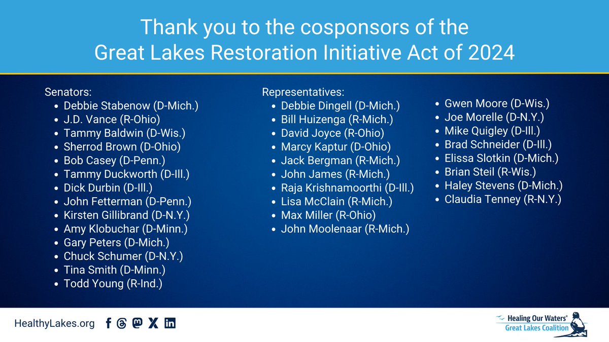 Thank you to all of the cosponsors of the recently announced Great Lakes Restoration Initiative Act of 2024! This bill is a winner for the region.

Read more: HealthyLakes.org/latest-updates… 

#GreatLakes #CleanWater #HealthyLakes