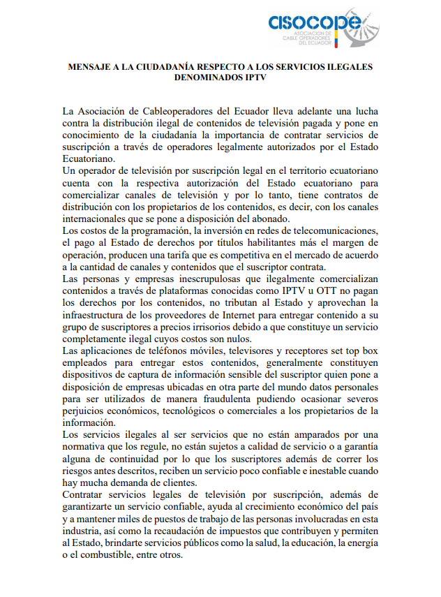 ASOCOPE_EC's tweet photo. Mensaje a la ciudadanía, respecto a los servicios #IPTV #ILEGALES https://t.co/Snlxvsue2T