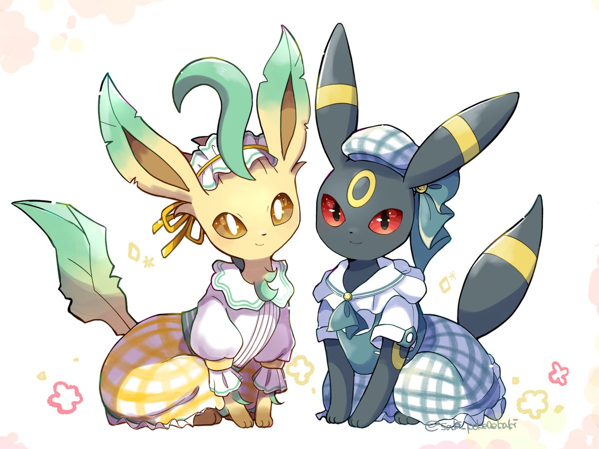 leafeon ,umbreon clothed pokemon no humans pokemon (creature) smile closed mouth hat red eyes  illustration images