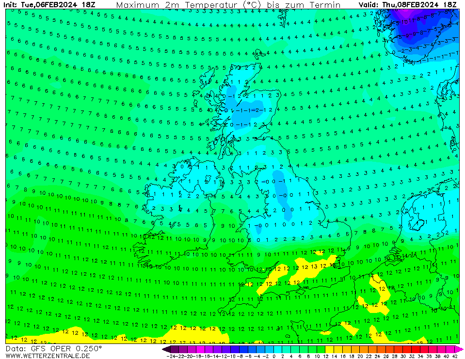 This has got to be one of the craziest temperature contrasts that I can remember seeing for England in winter, certainly in recent memory. Highs of around 13°C in London area on Thursday, but travel only 100 miles further north to Nottingham and it will be 0°C and freezing! 🥶
