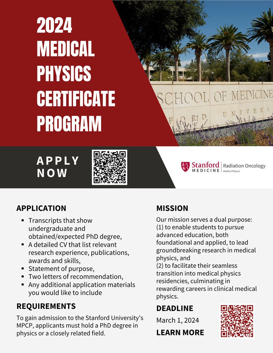 Apply today!
We’re pleased to announce that our two-year Medical Physics Certificate Program to support your education and career is now open until March 1, 2024.
Learn more below and through our website: med.stanford.edu/medphysics/res…