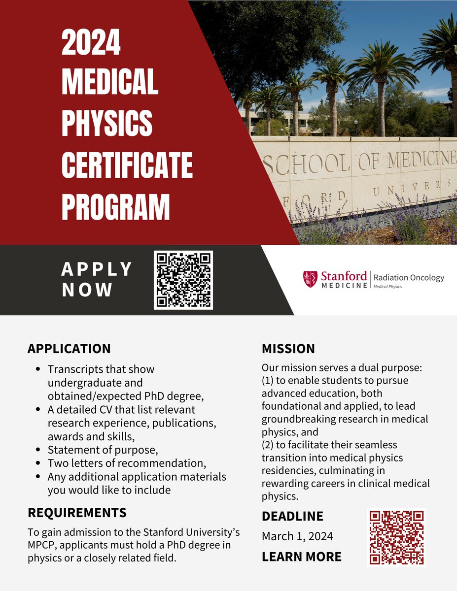 Apply today! We’re pleased to announce that our two-year Medical Physics Certificate Program to support your education and career is now open until March 1, 2024. Learn more below and through our website: med.stanford.edu/medphysics/res…