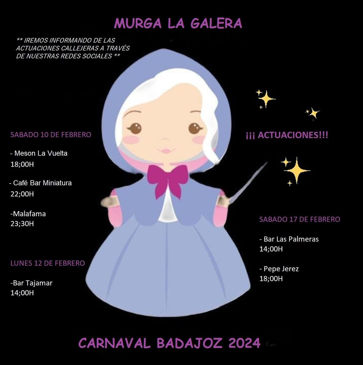 Por aquí os dejamos nuestras actuaciones de carnaval. Iremos informando de las  actuaciones callejeras por redes sociales!!! Os esperamos!!!
#felizcarnavalbadajoz2024