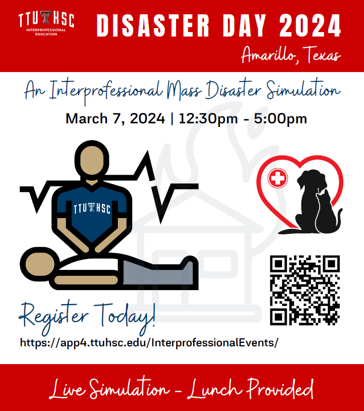 TTUHSC_SHP's tweet photo. Join us for Disaster Day 2024 in Amarillo (March 7) and Lubbock (March 22)! Want to volunteer to be a facilitator? Sign-up when you register! Lunch will be provided. Learn more and register here: https://t.co/ljQDLdaWID #SHPRedRaider https://t.co/oMcWVgnWj4