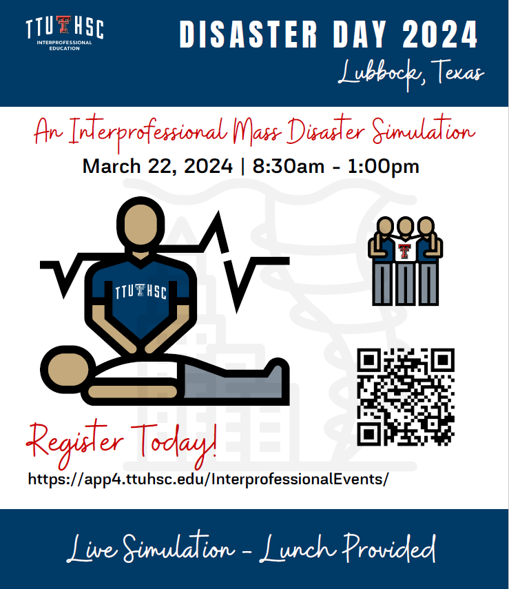 TTUHSC_SHP's tweet photo. Join us for Disaster Day 2024 in Amarillo (March 7) and Lubbock (March 22)! Want to volunteer to be a facilitator? Sign-up when you register! Lunch will be provided. Learn more and register here: https://t.co/ljQDLdaWID #SHPRedRaider https://t.co/oMcWVgnWj4
