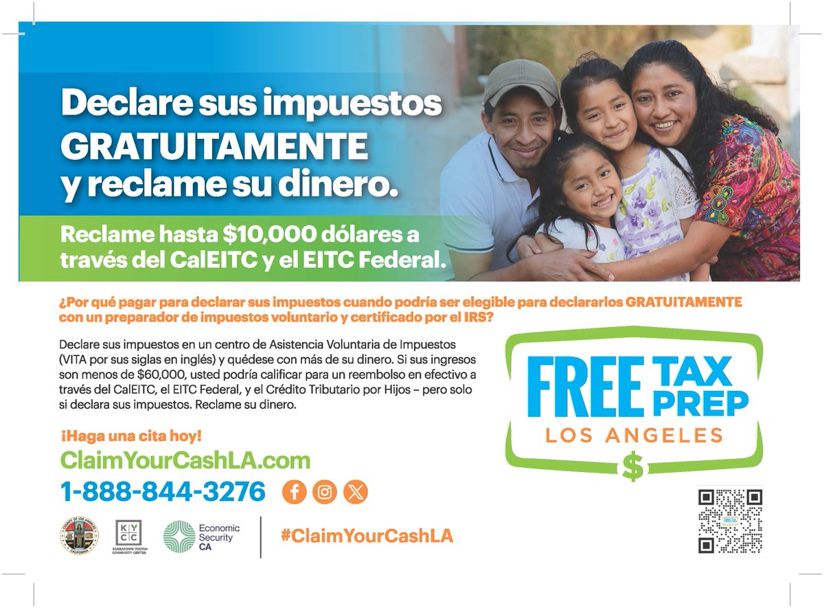 LA County introduces #ClaimYourCashLA – a pilot for families to claim tax credits like the #CalEarnedIncomeTaxCredit & #YoungChildTaxCredit. FREE help is available to help you claim your cash. 💲 Make an appointment today: ClaimYourCashLA.com or call 1-888-844-3276. 🔗📞