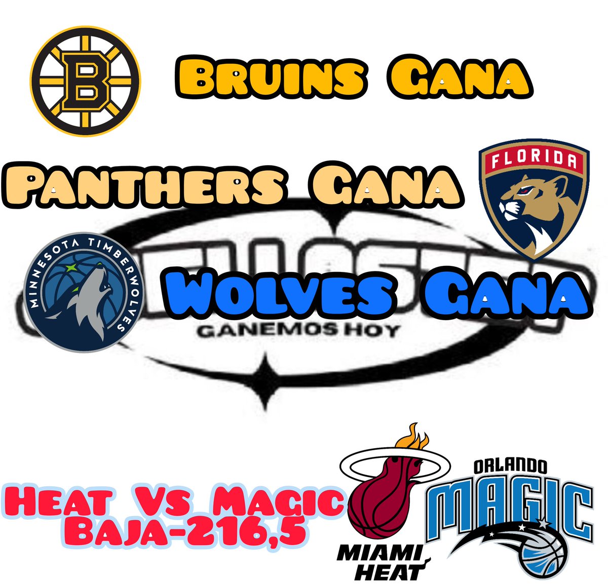 sellaste's tweet photo. La jugada de hoy 

@NHLBruins Gana 
@FlaPanthers Gana 
@Timberwolves Gana 
@MiamiHEAT Vs @OrlandoMagic baja-216,5 

#NHL #NBA #Heat #panthers #Bruins #Wolves #hockey #Baloncesto #Martes #parley https://t.co/cfJEIEqwsJ