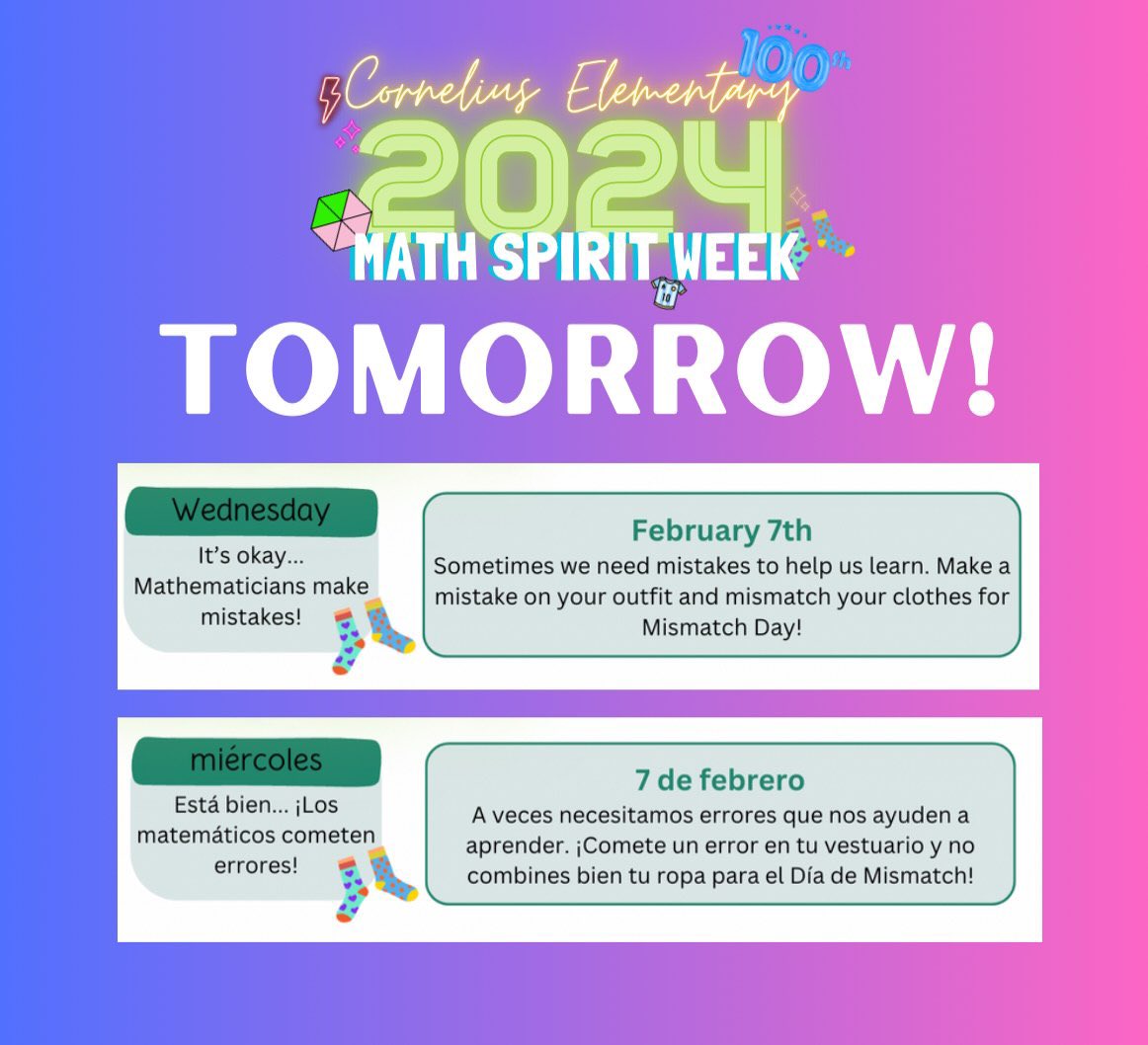 Our annual Math Spirit Week kicks off tomorrow! Sometimes we need mistakes to help us learn. Make a mistake on your outfit and mismatch your clothes for Mismatch Day! 🧥👚👖