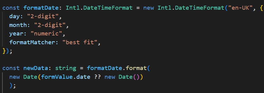 princewill113's tweet photo. As developers, it's crucial to start making use of the inbuilt JavaScript modules in your web applications. Check out the code snippet below, which demonstrates how to specify the format you wish to store your date. Share your thoughts in the comments section https://t.co/D60dgamL8f