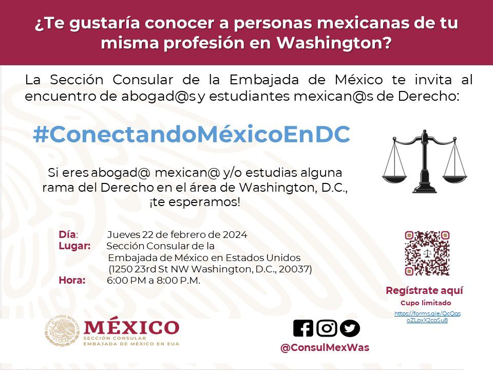 ConsulMexWas's tweet photo. Participa en #ConectandoMéxicoenDC, un encuentro de abogad@s y estudiantes 🇲🇽 de Derecho⚖️ Regístrate y aparta tu lugar: https://t.co/n6YVhY0XeJ https://t.co/8tWwKK7kBP