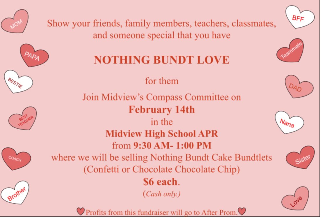 SAVE THE DATE‼️‼️‼️‼️
♡ February 14th 
♡ nothing bundt cakes at the high school 
♡ 3rd-6th period
♡ Confetti or Chocolate Chip
DON’T FORGET🩷🩷🩷🩷