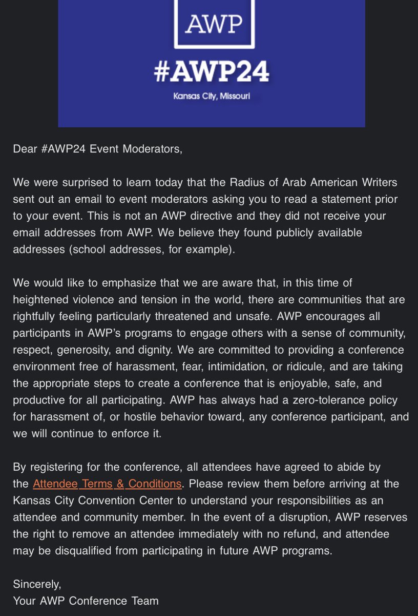 Tomorrow, thousands of U.S. writers, teachers, students, editors, and publishers gather in Kansas City, Missouri, for the Association of Writers and Writing Programs annual conference. On the left, a plea. On the right, the response. Shame on you, <a href="/awpwriter/">AWP</a>. 
#GazaGenocide