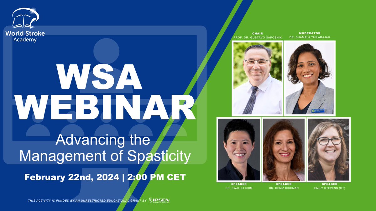 ☝️Stroke care doesn’t finish with reperfusion therapies

✨Come &amp; join us in a new WSA #webinar

Advancing the management of #Spasticity
🗓️Feb 22nd 2PM CET

Speakers
<a href="/KhimKwah/">Li Khim KWAH</a>
Emily Stevens &amp; Deniz Dishman <a href="/UTHealthStroke/">Institute for Stroke and Cerebrovascular Diseases</a>
Chairs <a href="/gsaposnik/">Gustavo Saposnik 🌐</a> @sthilarajah

🔗 world-stroke-academy.org/webinars/advan…