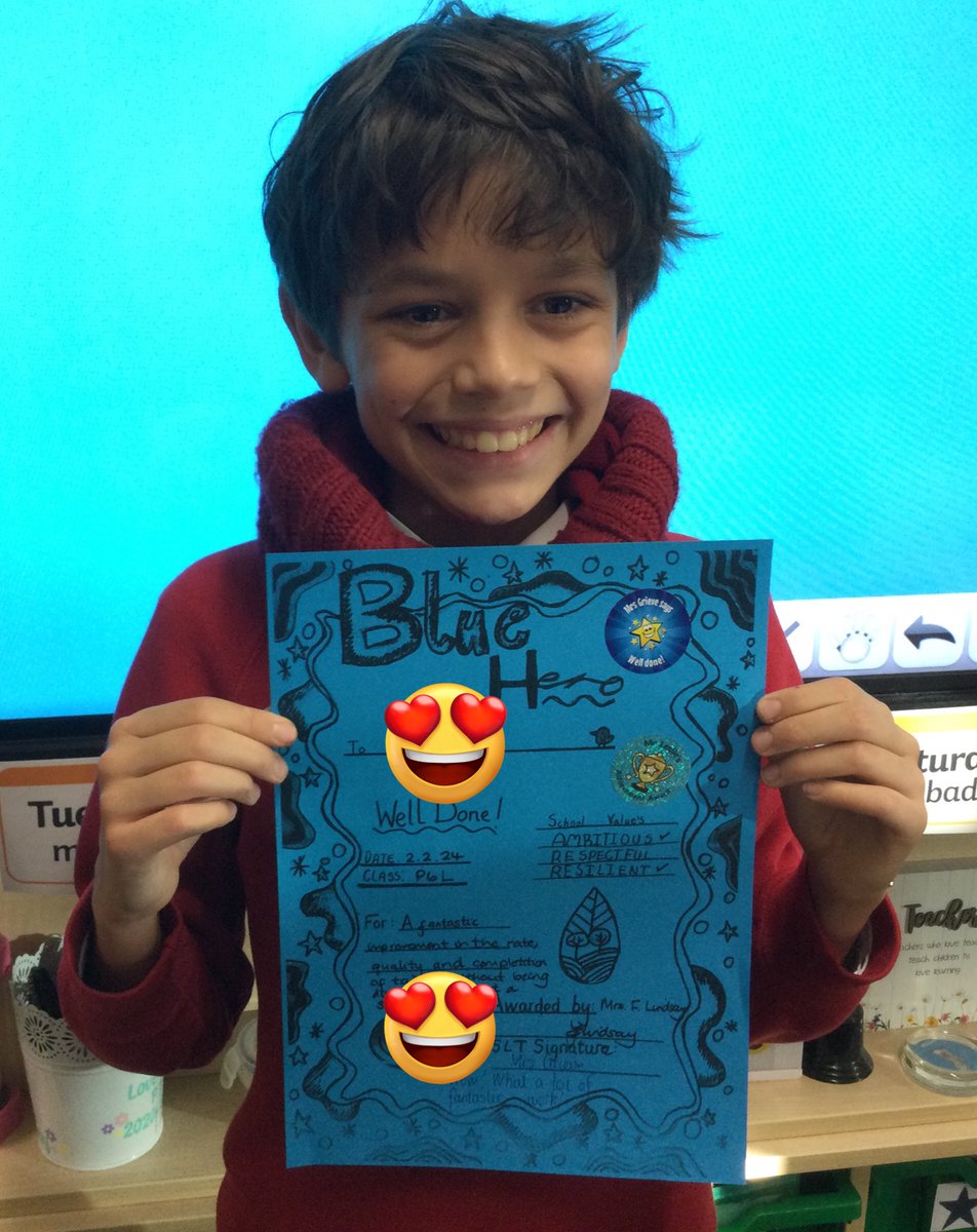 SchoolHillside1's tweet photo. A very proud #P6LHillside pupil on Friday…. 👀 at the huge smile for receiving the first #BlueHero Award in class- for considerable improvement in work rate and task completion over the past couple weeks- he certainly is showing our motto- Be the best you can be. #Ambitious https://t.co/jh6S1b2sah