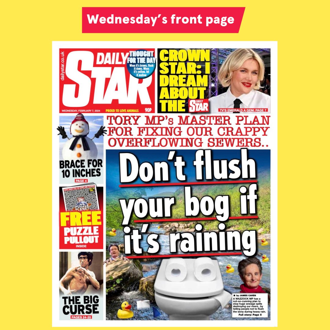 Wednesday's Daily Star Front Page - Don't flush your bog if it's raining