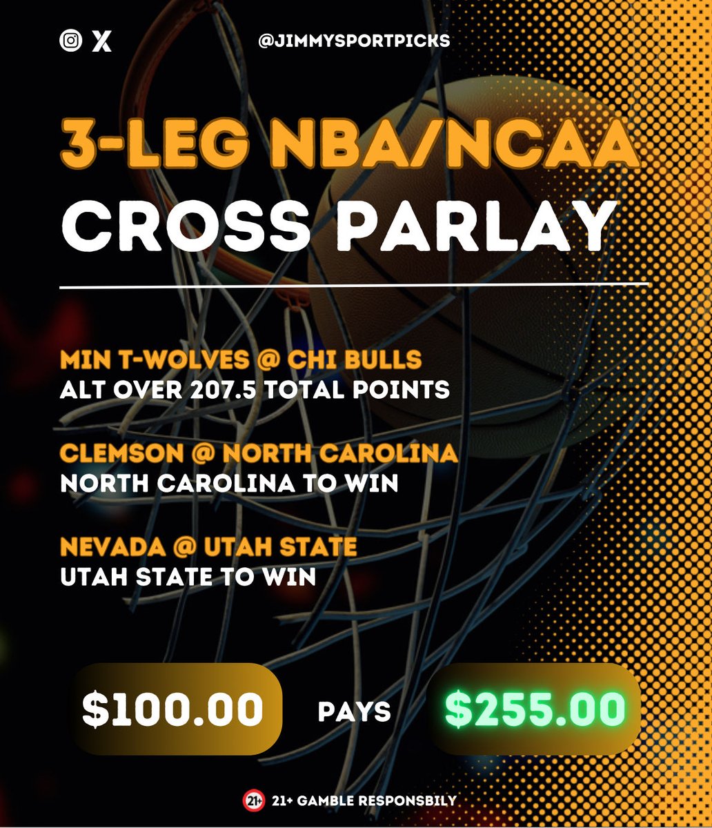 JimmySportPicks's tweet photo. 🏀 My 3-Leg NBA/NCAA Cross Parlay

•  MIN T-Wolves @ CHI Bulls
Alt over 207.5 Total Points

• Clemson @ North Carolina
North Carolina to win

• Nevada @ Utah State
Utah State to win

BET $5 &amp; GET $158 in Bonus Bets!
Claim Here ➡️ https://t.co/Nm28X0UtvE

21+ gamble responsibly https://t.co/rNv8IDFOnu