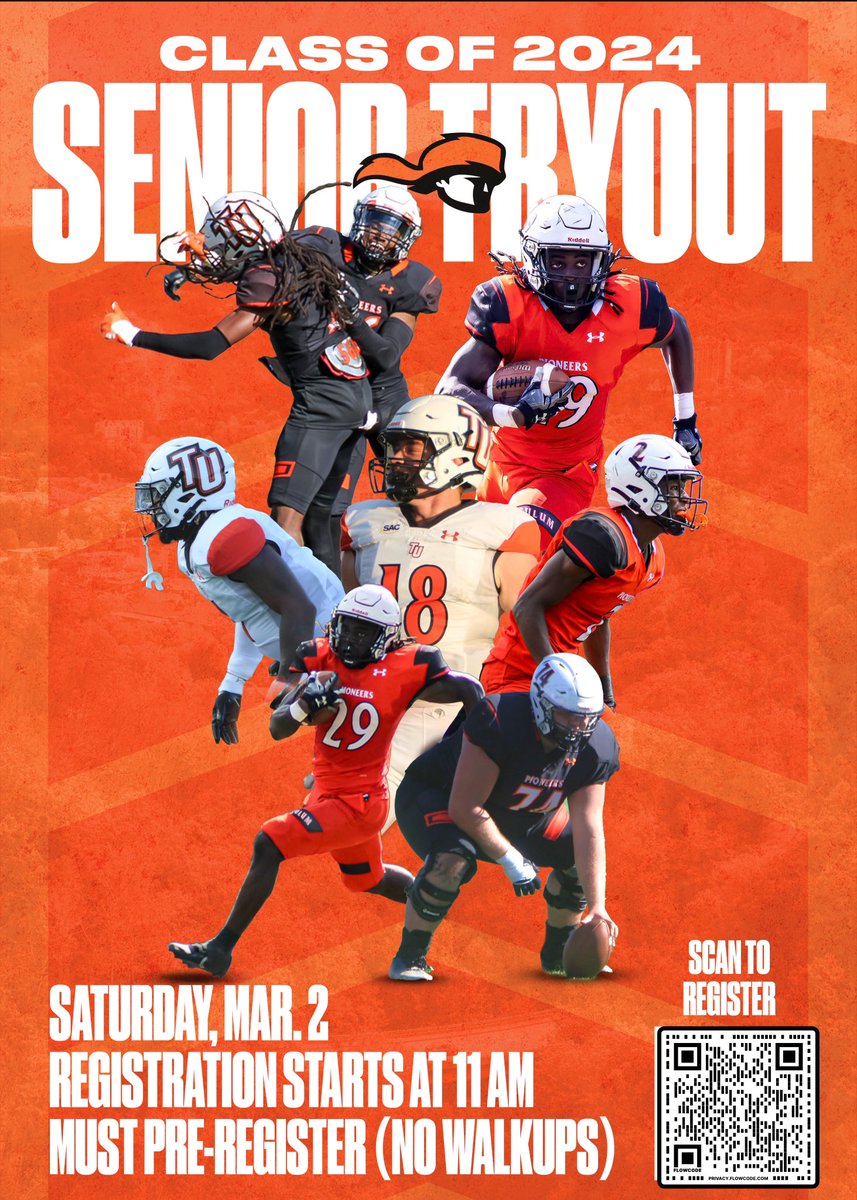 🚨UPDATE🚨

Our C/O 2024 Senior Tryout date has been moved to Saturday, March 2nd 🏆

Must Pre-Register, No Walk Ups!!!

Pre register here:
tusculumfootballcamps.com/shop/EVENT

Or

Scan the QR code below