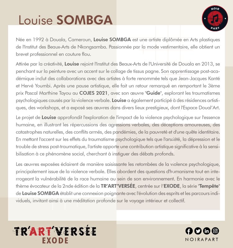 Mesdames et Messieurs, aujourd’hui, nous avons l’immense plaisir de vous présenter une artiste exceptionnelle, une véritable source d’inspiration dans le monde artistique Camerounais. Il s’agit de Louise SOMBGA. 

#trartversee #Exode #NoirAPart #ComptoirDesArts #ExpositionVente