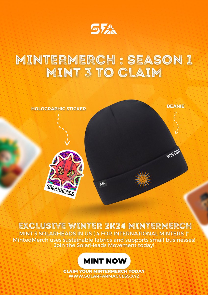Did someone say…. Minter Merch..? 🌞

Get an exclusive Free SolarHeads Beanie and sticker when you mint 3 or more SolarHeads! 🙌

Shine Bright SolarHeads! 🔥