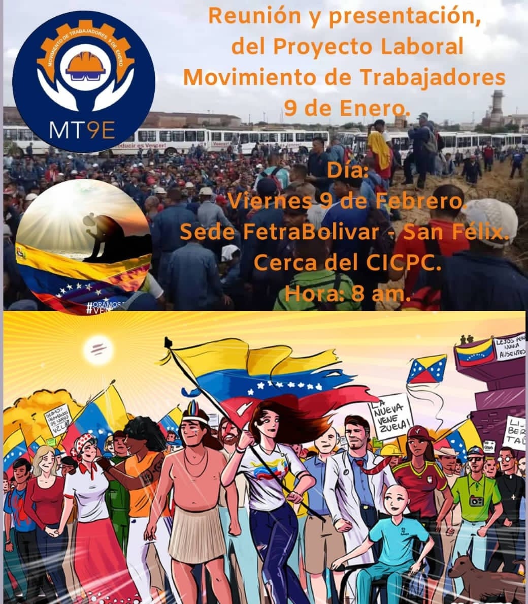 Saludamos solidariamente la constitución del Movimiento de Trabajadores #9DeEnero en #Guayana 
Hermanados en la misma lucha por la liberación de la clase obrera.
#UnidadYOrganizacion