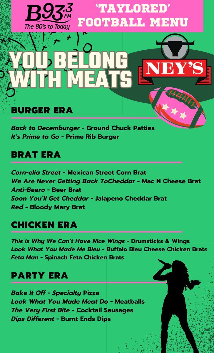 B93.3 got together with Ney’s Premium Meats and ‘Taylor’ made a menu for you to watch the Big Game! Visit b933fm.com/contests for your chance to win a $200 Ney’s Premium Meats gift card to enjoy some of these tasty Tay-sty items!  #mke #milwaukee #TaylorSwift
