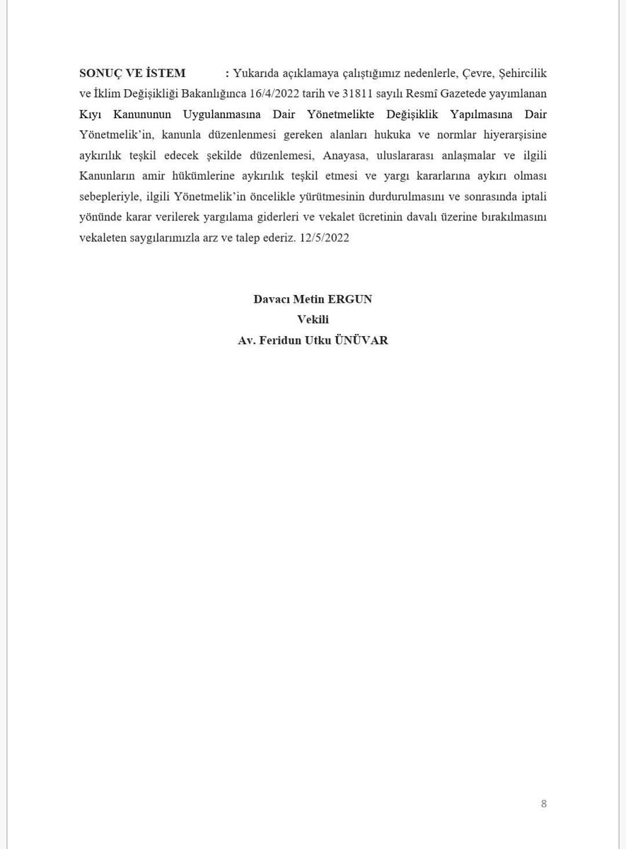 KIYILARI RANTA KURBAN ETTİRMEMEK İÇİN AÇTIĞIMIZ DAVADA DANIŞTAY BİZİ YİNE HAKLI BULDU

Kamuoyunun bildiği gibi, 16 Nisan 2022’de, Çevre, Şehircilik ve İklim Değişikliği Bakanlığı "Kıyı Kanununun Uygulanmasına Dair Yönetmelik"te değişiklik yapmıştı. Bu düzenlemeyle, kıyı kenar