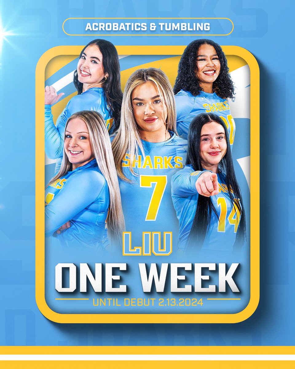 LIUAcroTumbling's tweet photo. The Sharks are ONE WEEK out from the first meet of the inaugural season against Iona University at 6pm. 🦈 

#LIU | #BiteDown https://t.co/AGlSRYWCKa