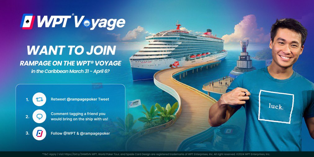 Rampage (@rampagepoker) on Twitter photo Giveaway time! Super excited about this trip and I get to giveaway a cabin to <a href="/WPT/">World Poker Tour</a> Voyage to one lucky follower!
The cabin includes a package worth $4,000 for 2 people and there’s a golf tourney on the voyage :)
Follow the steps below to enter, you have until Feb 11th Giveaway time! Super excited about this trip and I get to giveaway a cabin to <a href="/WPT/">World Poker Tour</a> Voyage to one lucky follower!
The cabin includes a package worth $4,000 for 2 people and there’s a golf tourney on the voyage :)
Follow the steps below to enter, you have until Feb 11th